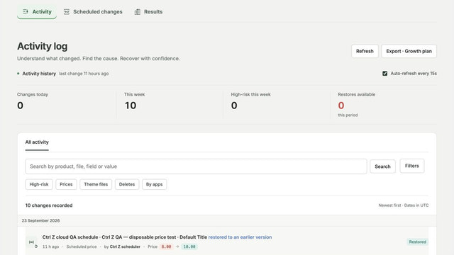 Ctrl Z’s searchable activity timeline showing product price changes