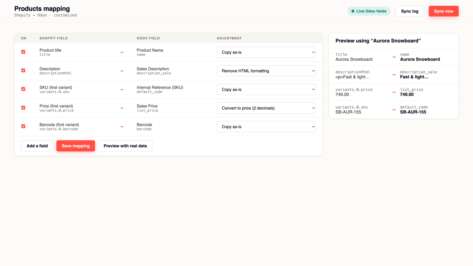 Field mapping editor with live Odoo field names