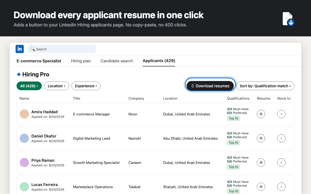 LinkedIn Hiring applicants page with the Download resumes button added by the extension