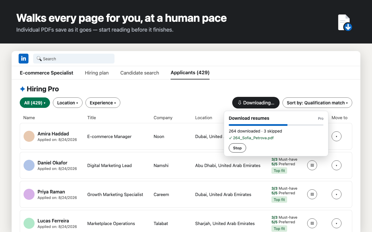 Progress panel showing resumes downloading