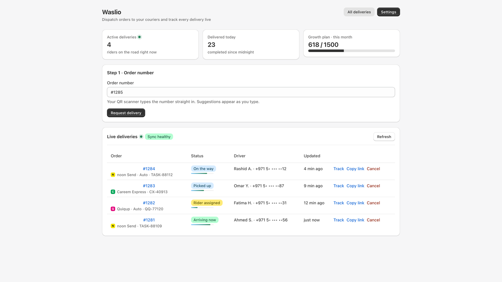 Waslio dashboard: live deliveries across noon Send, Careem Express and Quiqup