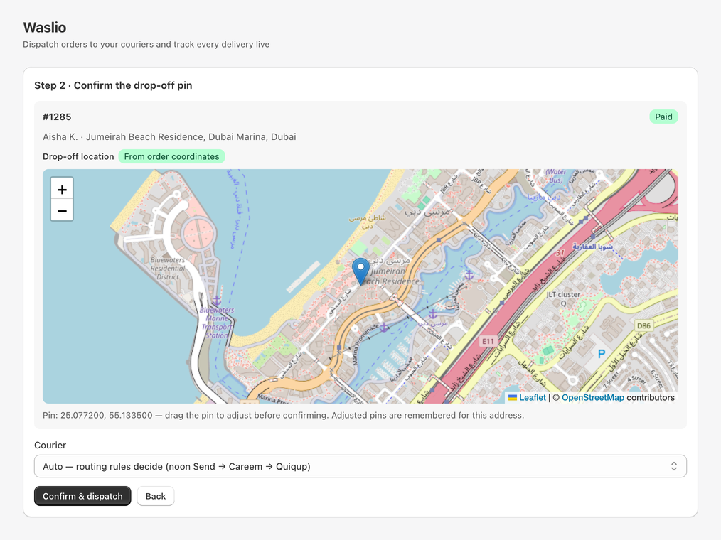 Confirming the delivery drop-off pin on a map