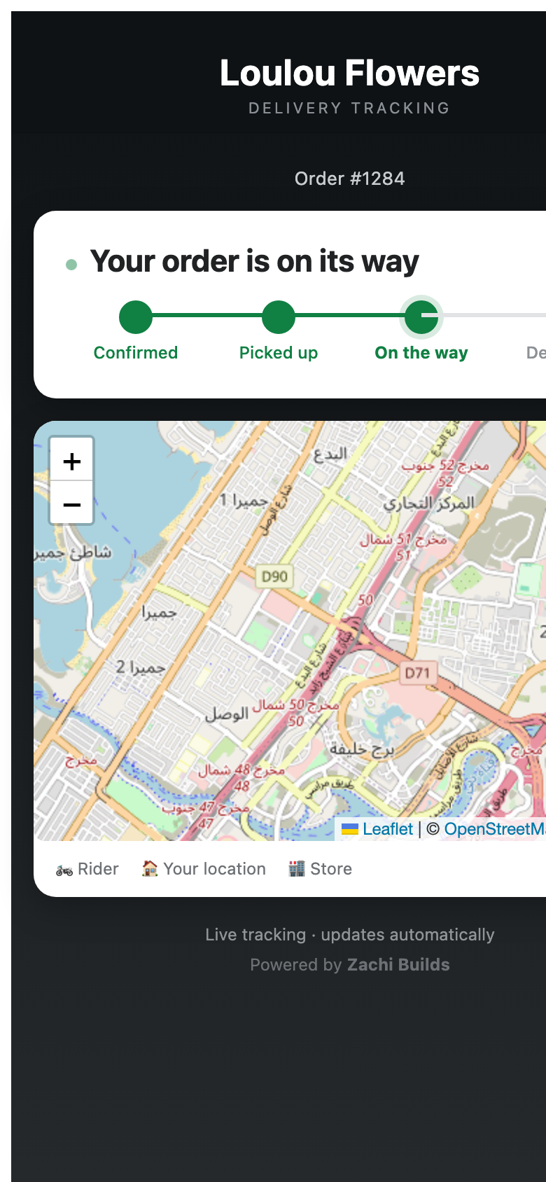 Branded customer tracking page with live rider map